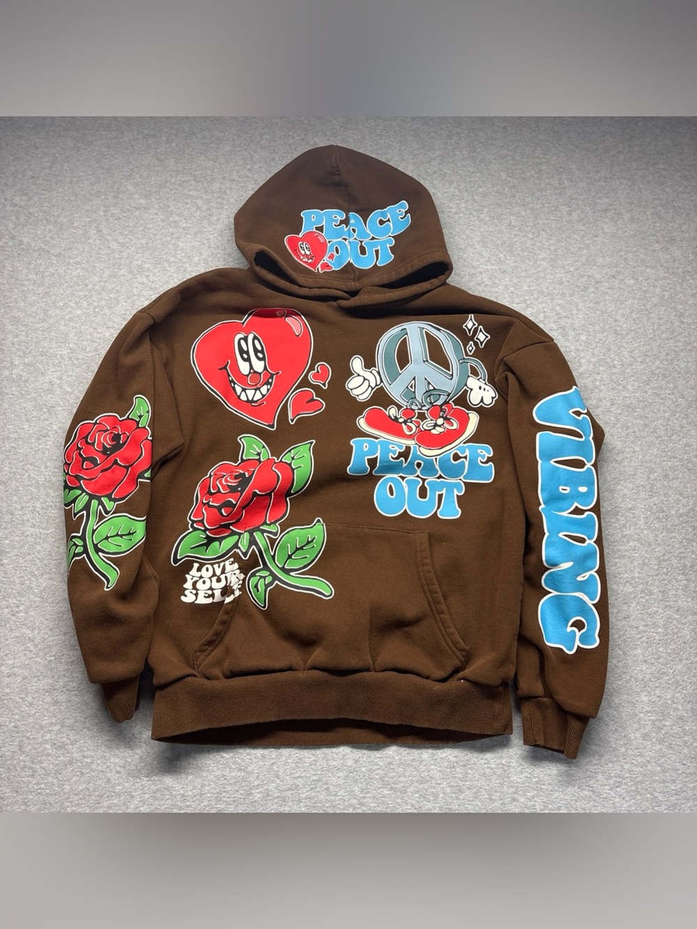 Pacsun Brown Graphic 'Peace Out' Hoodie with Red Rose & Blue Lettering